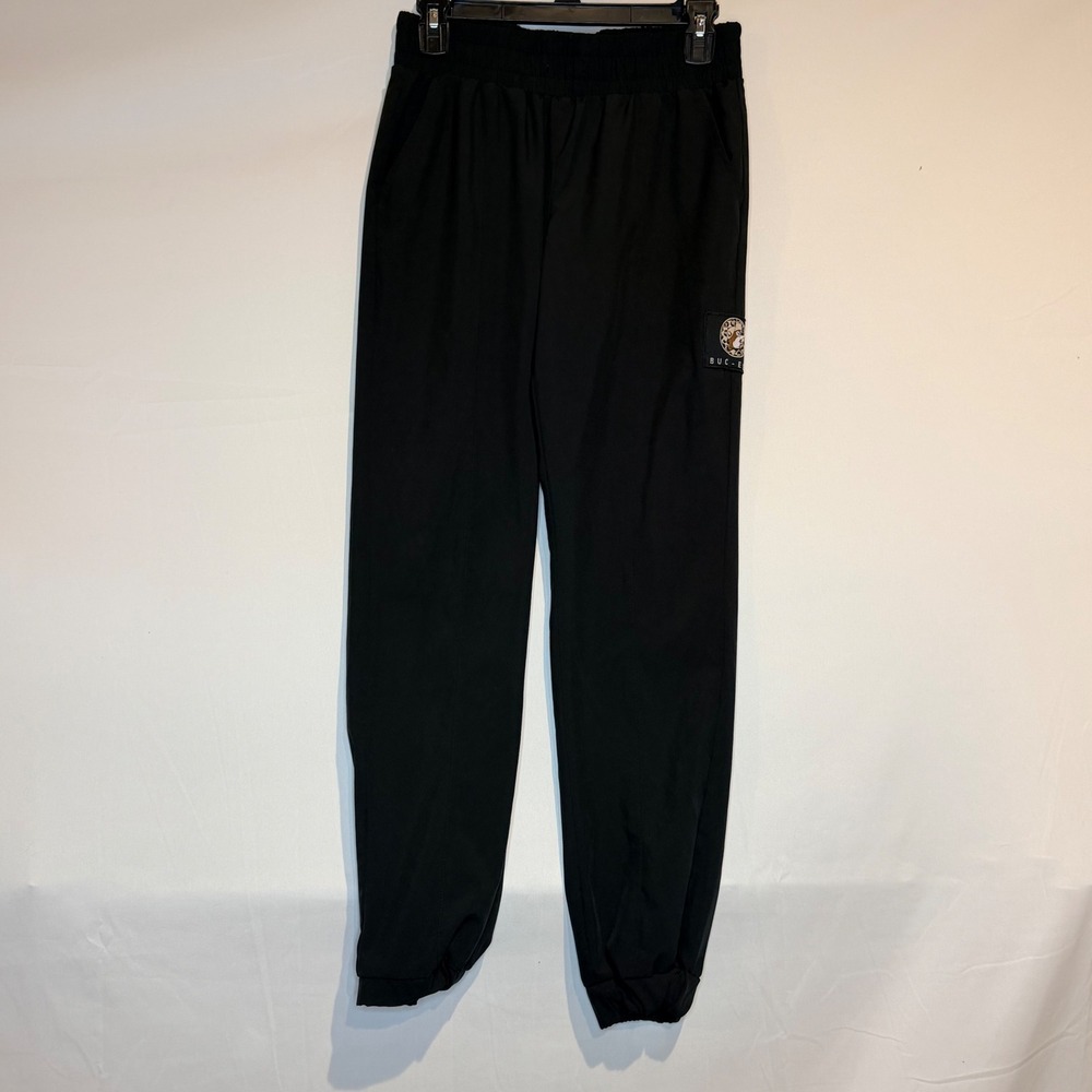 Buc-ees Womens Black Jogger Pants XS Leopard Logo Patch Stretch Tapered Cuffs